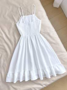 Vestido corto casual y holgado para adolescentes con textura trenzada, rayas verticales, pliegues en el pecho, cintura y recorte en la espalda, para primavera/verano - Blanco - Ver 2