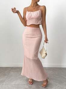 SHEIN Unity 2pcs/Set Women's Casual Solid Color Cropped Camisole And Fishtail Hem Skirt Set - Pink - View 3