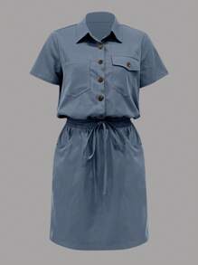 SHEIN LUNE Women's Summer Cargo Green Utility Pockets Shirt Dress, Short Bodycon - Blue - View 3
