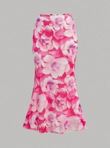 Girlism Conjunto de 2 piezas para adolescentes: Camiseta de punto con hombros oblicuos en rosa y blanco, y falda A-line de malla de punto floral en rosa, apropiado para vacaciones, fiestas, ceremonias de graduación y almuerzos