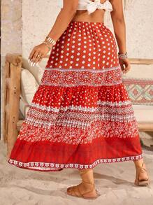 Breezaya Plus Size Bohemian Holiday Retro Print High Waist A-Line Skirt, Faux Silk Fall Cloth For Women