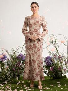Graceveil Vestido abaya floral de flujo modesto y extra largo con estampado de teñido anudado para mujer