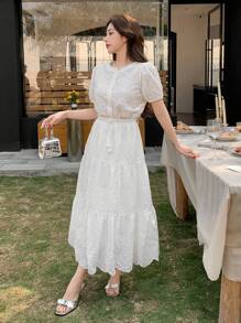 DAZY 女士两件套：镂空刺绣圆领泡泡袖上衣和半身裙 - 白色 - 查看 3