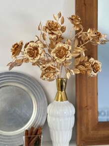 1pc/2pcs/3pcs 60cm Plastic Gold Plated Artificial Branched Rose Flower, Fake Flower