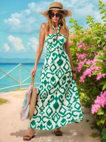 Vivid Eden Women's Hollow Out Geometric Print Beach Dress, Sexy Halter Neck,Summer Outfits For Women,Summer Clothes,Beach Vacation Outfits,Beach Outfits For Woman