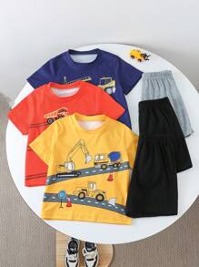 SHEIN 2 件套年轻男孩卡车印花短袖 T 恤和短裤套装 - 彩色 - 查看 3