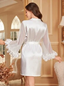 Côtesoire Áo choàng tắm bằng vải satin trang trí viền xếp nếp dành cho nữ, đồ sang trọng gợi cảm, mùa thu, mùa đông - trắng - Xem 2