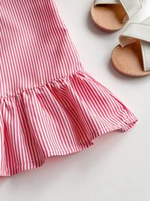 SHEIN 女婴幼儿 0-3 岁红白条纹马球领无袖休闲连衣裙，适合外出 - 紅色 - 查看 5