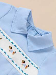 SHEIN Baby Boy Spring Summer  Simple Fashion Casual EverydayBlue Short Sleeve Small Lapel Dachshund Exquisite Embroidered Pattern Cute Baby Boy Bodysuit - Blue - View 4
