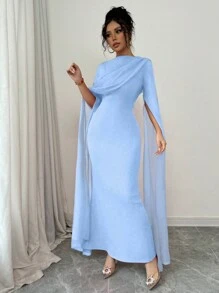 Rafferiza Elegant French Fashion Gown, Wrap Around Sheer Frill Shoulder Design, High Slit Waist Tight Bodycon Party/Banquet Dress, Stretch Knit Red Long Sleeve Dress, Autumn/Winter Fall Cloth For Women - Baby Blue - View 5