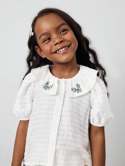 Maija Kids Maija Kids Áo sơ mi tay bồng mềm mại họa tiết đơn giản cho bé gái có cổ thêu tinh tế, đa năng cho các buổi đi chơi, ở nhà, đi học, nghỉ mát, mùa xuân/hè