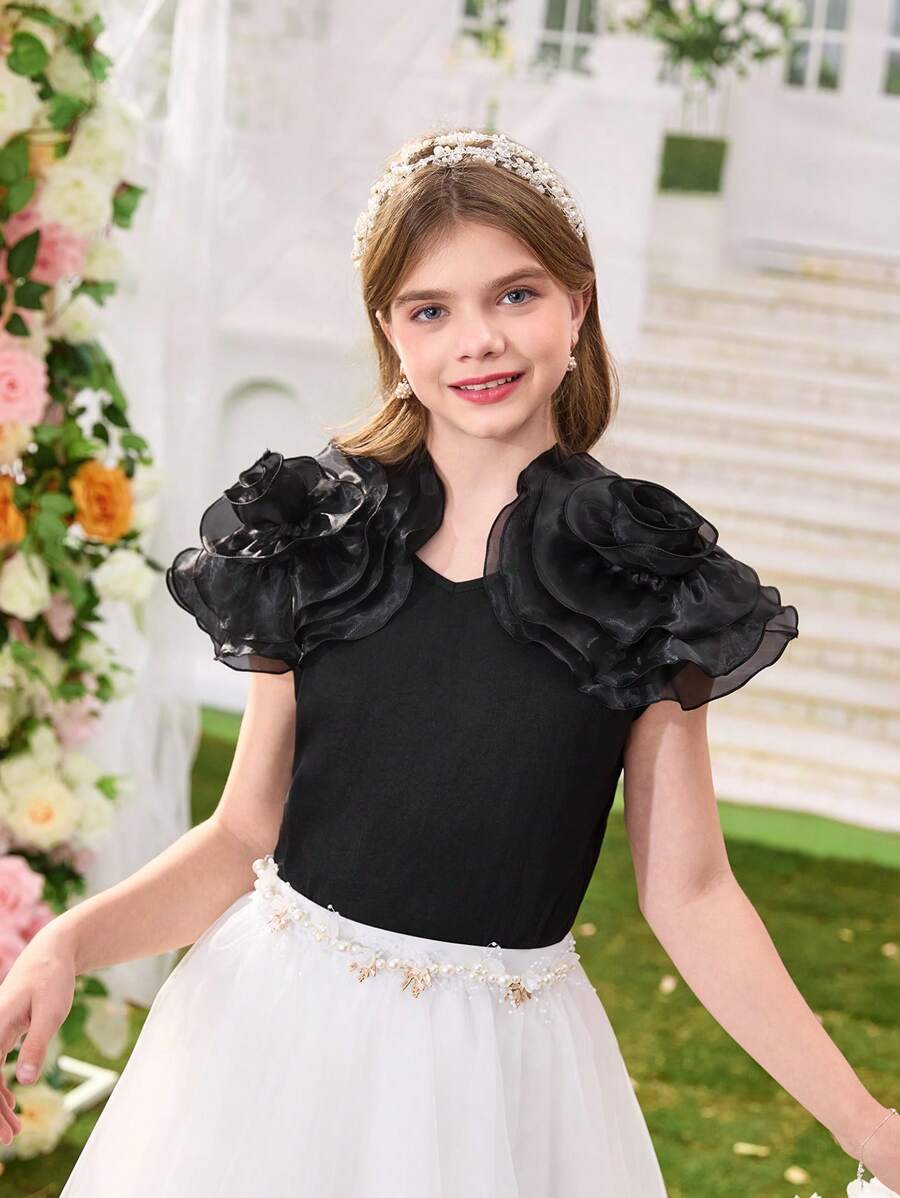 春夏季青少年女孩蓬松花卉上衣,适合休闲、通勤、度假、外出就餐、派对、节日、夏季、旅行 - 黑色 - 查看 1