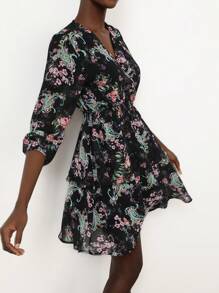 Aveloria Modichic Elegante vestido corto de mujer con mangas abombadas y largas, cintura fruncida, falda plisada, estampado floral de gasa y escote calado