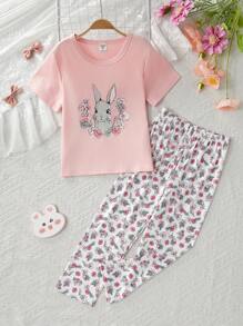 2pcs/Set Young Girl' Cute Rabbit & Floral Cartoon Graphic Comfy Short Sleeve Top And Pants Sleepwear Set - Pink - View 5