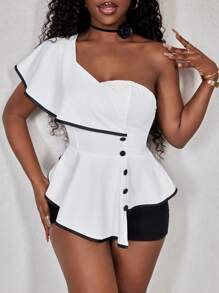 BamGleam Women's Oblique Shoulder Sleeveless Ruffle Hem Top - White - View 1