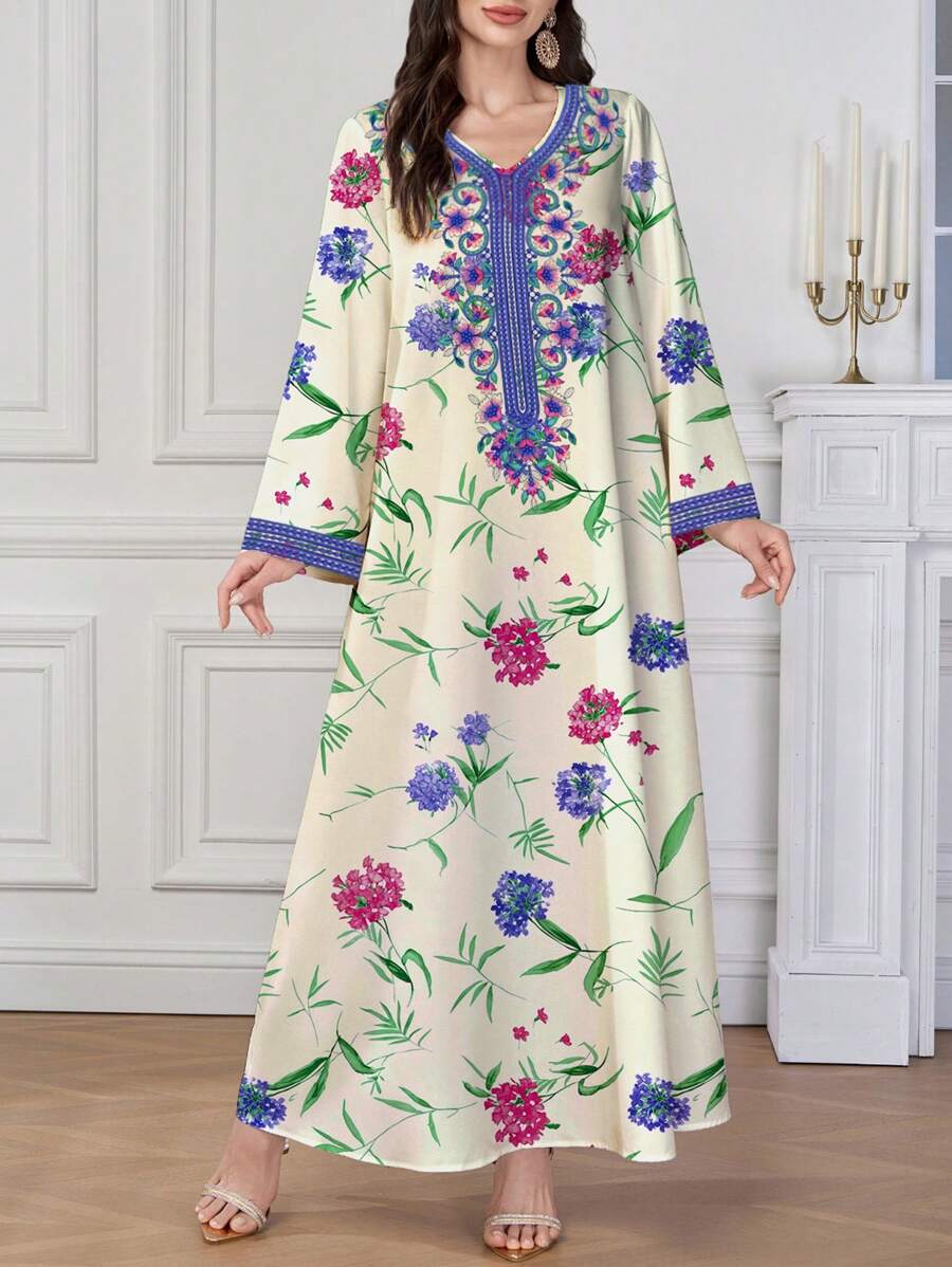 Al Najma Women's Arabic Print V-Neck Long Printed Jalabiya Dress With Long Sleeve, For Festival, Modest Full Length Dresses, Kaftan - Apricot - View 1