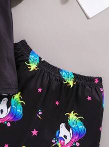 Young Girl 2pcs Unicorn Luminous Print Pajama Set, Short Sleeve T-Shirt & Shorts, Summer Spring, Black Base