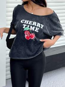 SHEIN EZwear T-shirts femme à lavage nostalgique avec cerises d'été - Noir - Voir 2