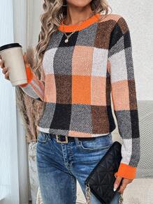 SHEIN LUNE 女士格子圆领长袖毛衣上衣，秋冬 - 亮橙色 - 查看 3