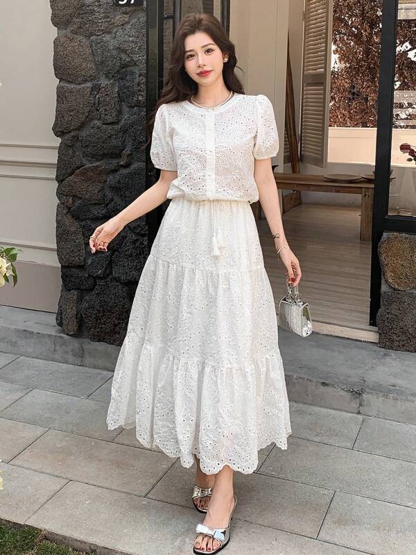 DAZY مجموعة قطعتين للنساء: بلوزة برقبة دائرية ذات أكمام منفوخة مطرزة وطويلة والتنورة