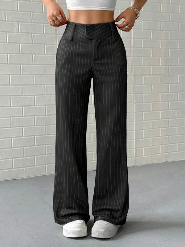 SHEIN PETITE Women's Oblique Pocket Striped Low-Waist Elastic Suit Pants, Spring/Autumn