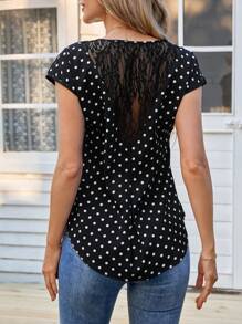 EMERY ROSE Women's Casual Lace Patchwork Polka Dot Print Shirt - Black and White - View 1