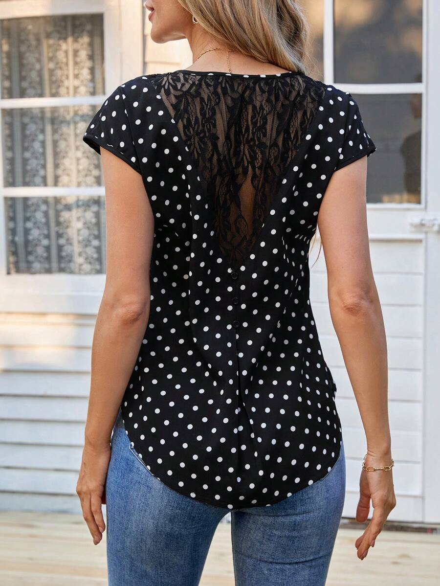 EMERY ROSE Women's Casual Lace Patchwork Polka Dot Print Shirt - Black and White - View 1