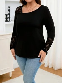 SHEIN Clasi Plus Size Casual Solid Color Contrast Lace Asymmetric Neck T-Shirt