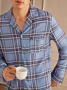Manfinity Men Front Button Long Sleeve Plaid Simple Top And Pants Pajama Set - Blue - View 6