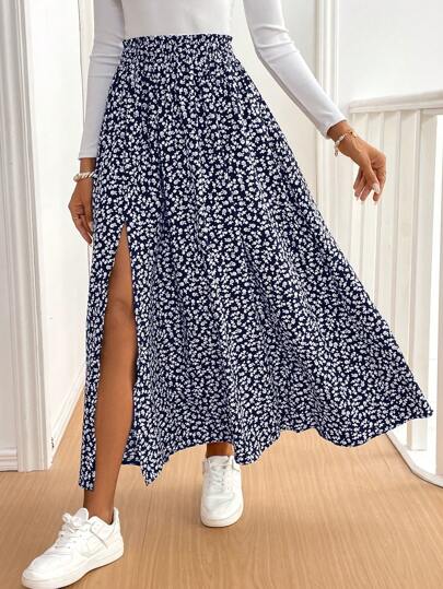 SHEIN Frenchy Damen Maxi Rock mit Schlitz, Rüschensaum und Blumenmuster, lässig und modisch für den täglichen Gebrauch, Sommerurlaub, Blau, Urlaubsresort