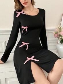 Snug Zone Vestido de mujer para estar en casa con decoración de lazo, atuendo acogedor para otoño e invierno - Negro - Ver 5