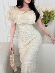 Feyla 女士纯色露肩修身优雅连衣裙 - 杏色 - 查看 4