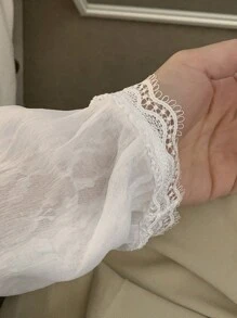 DAZY 女士双层蕾丝优雅精致衬衫，秋装 - 白色 - 查看 9