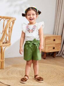 Cozy Pixies 2 pièces/Set Top à col rond en tricot doux avec volants et short à taille élastique motif floral Ditsy pour bébé fille