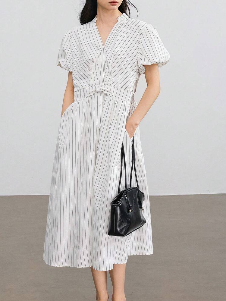 Casual Business Plaid V-Neck Puff Sleeve Waist Fit & Flare Midi Dress For Women Sundress