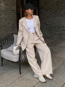 DAZY Relaxed Lapel Pocket Long Sleeve Blazer Jacket And Wide Leg Pants Spring Elegant Lady Suit Set,Fall Clothes Business Attire - Apricot - View 5