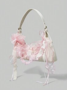 ROMWE Kawaii Pink Lace Bowknot 3D Flower Cute Shoulder Bag - Beige - View 2