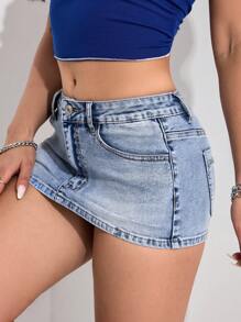 SHEIN PETITE 女士口袋装饰紧身牛仔迷你裙 - 淺色水洗藍 - 查看 6