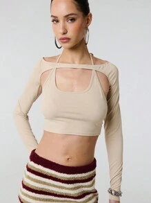 SHEIN Unity 2 In 1 Solid Hollow Out Tie Neck Long Sleeve Top Fall Cloth For Women - Khaki - View 1