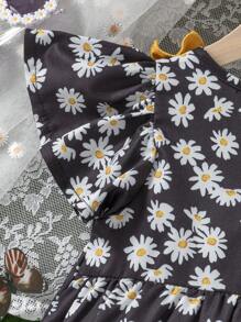 SHEIN 女童时尚花卉印花拼色荷叶边下摆中长连衣裙，适合夏季度假