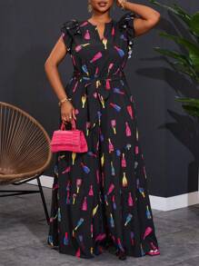 Slaydiva New 2025 Plus Size Women Casual & Holiday Fashion Cap Sleeve Wine Bottle Print Drawstring Jumpsuit Spring/Summer - Multicolor - View 3