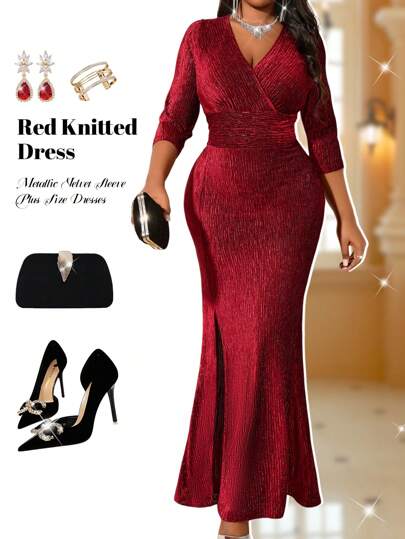 Fleurora Autumn And Winter Elegant Party Wedding Valentine's Day Cocktail Party Concert/Music Festival Deep Red Knitted Metallic Velvet Overlap Collar Mermaid Slit Long Three Quarter Length Sleeve Plus Size Dresses Red Dress Valentine's Day