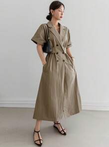 Dazy-Less Đầm suông màu trơn bó eo đơn giản cổ chữ V phong cách công sở, dài đến bắp chân cho nữ, váy suông - xanh quân đội - Xem 1