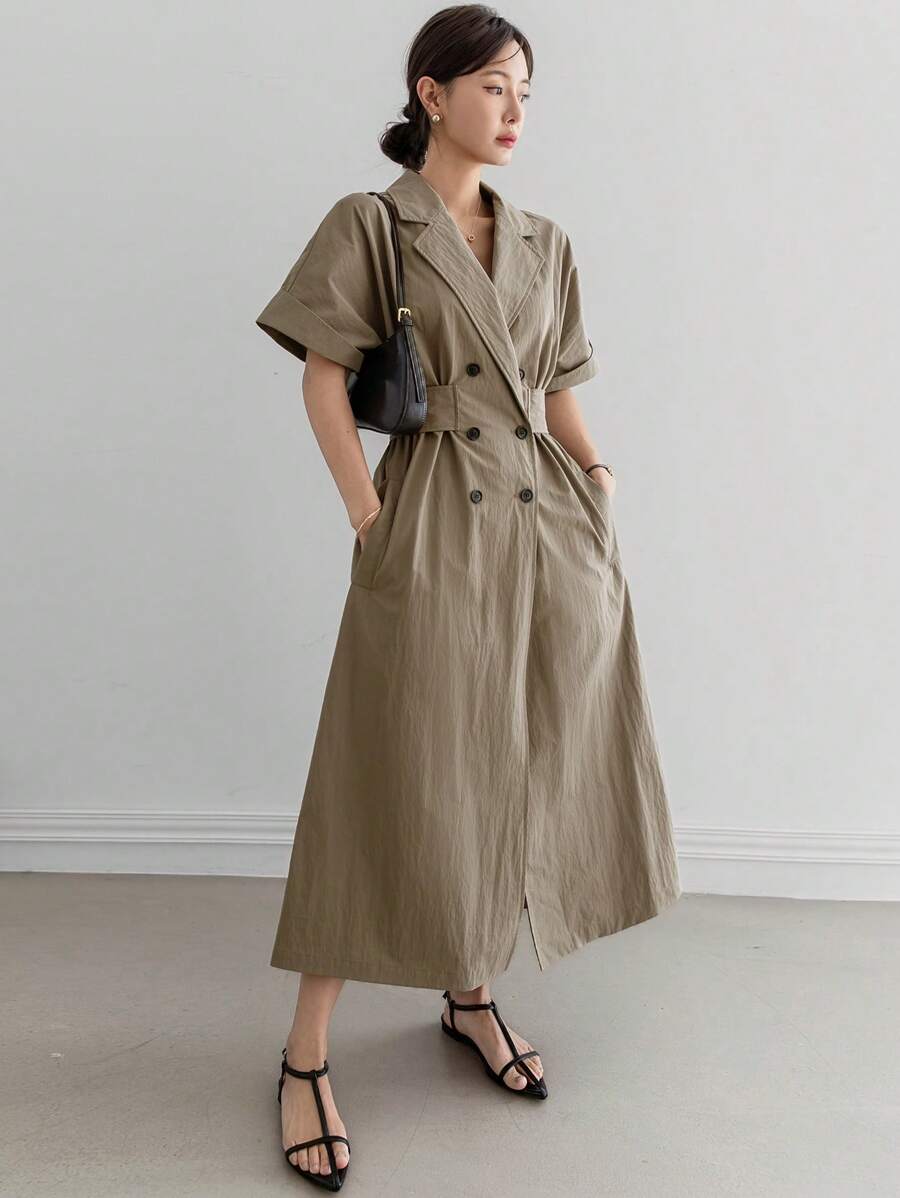 Dazy-Less Đầm suông màu trơn bó eo đơn giản cổ chữ V phong cách công sở, dài đến bắp chân cho nữ, váy suông - xanh quân đội - Xem 1