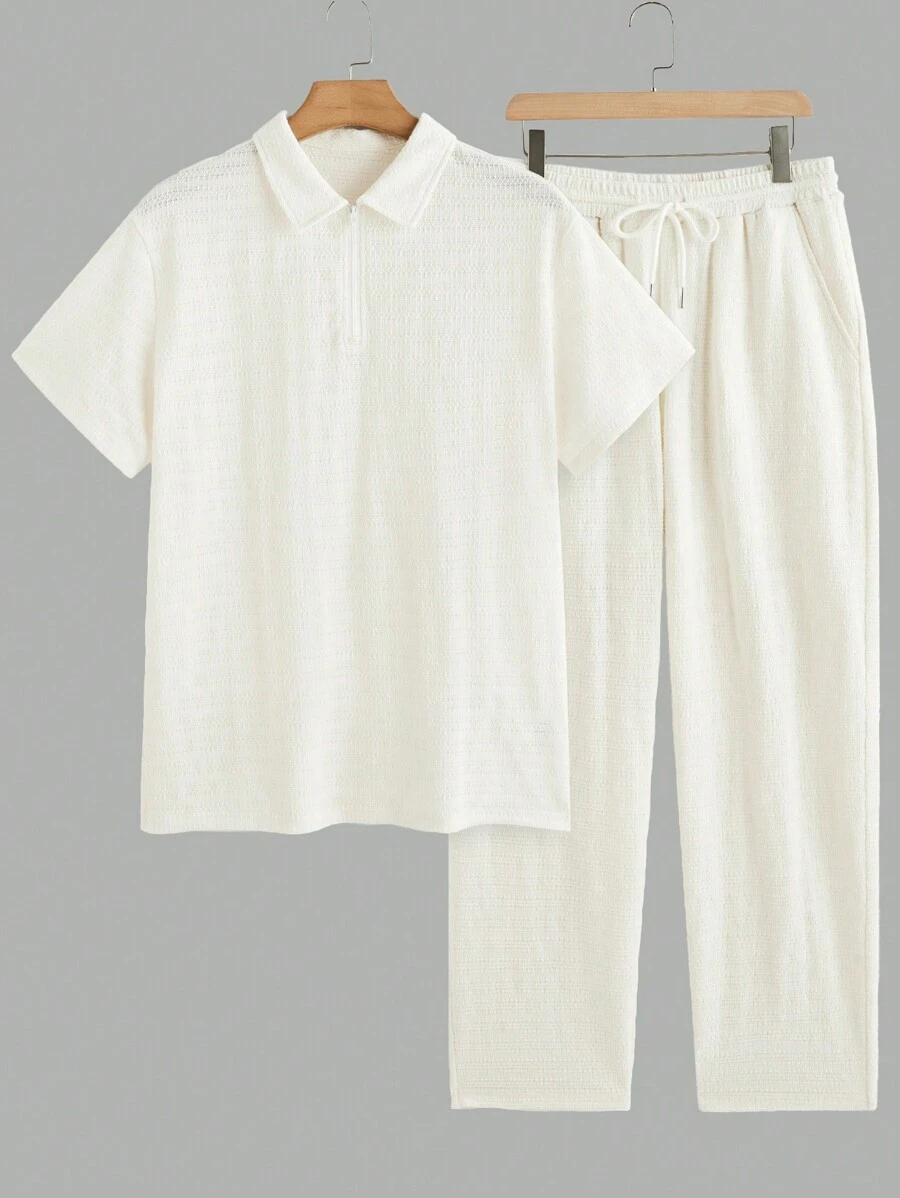 Manfinity VCAY 2 件套男士修身翻领短袖休闲 Polo 衫套装，适合日常穿着 - 米色 - 查看 1