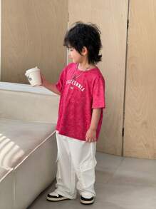 2pcs/Set Tie Dye Design Young Boy Casual Loose Fit Round Neck Short Sleeve T-Shirt And Solid Color Drawstring Waist Pockets Cargo Pants Outfit