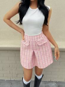 SHEIN Explorewe Teen Girls Casual Minimalist Round Neck Cropped Tank Top And High Waist A-Line Plaid Short Skirt Summer 2 Pieces Set - Pink - View 5