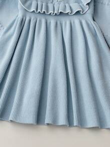 Souflis Souflis Váy len trang trí nơ hồng cho bé gái, váy dệt kim dài tay cổ tròn viền bèo nhún dễ thương - Màu xanh lam - Xem 5