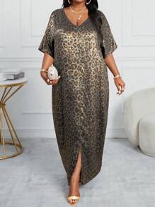 SHEIN Lady Spring Summer Autumn Winter Elegant Light Black Gold Leopard Pattern Braided Notch Robe Dress Plus Size Dress
