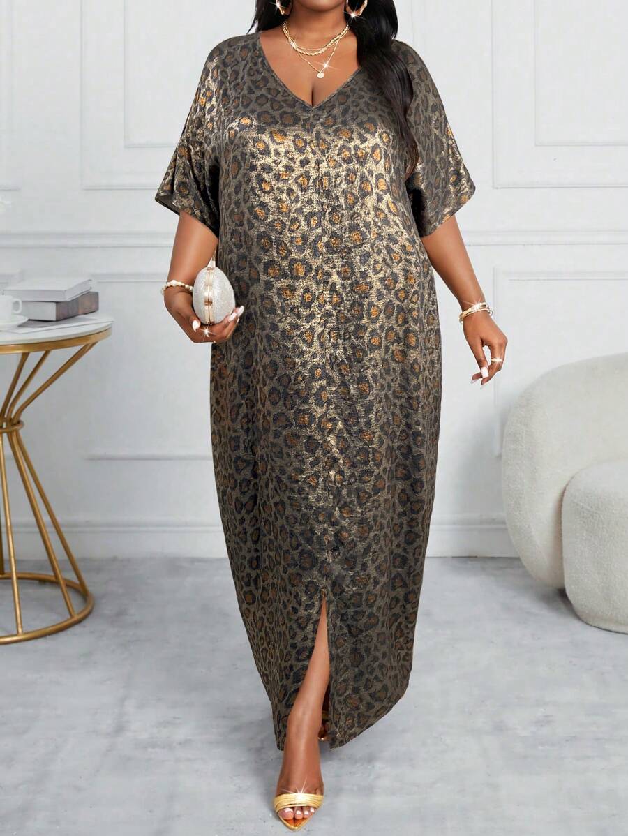 SHEIN Lady Spring Summer Autumn Winter Elegant Light Black Gold Leopard Pattern Braided Notch Robe Dress Plus Size Dress